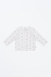 avauma Little Shell Cardigan – Rosy Cream Flower print laid flat, soft baby knitwear with floral pattern.